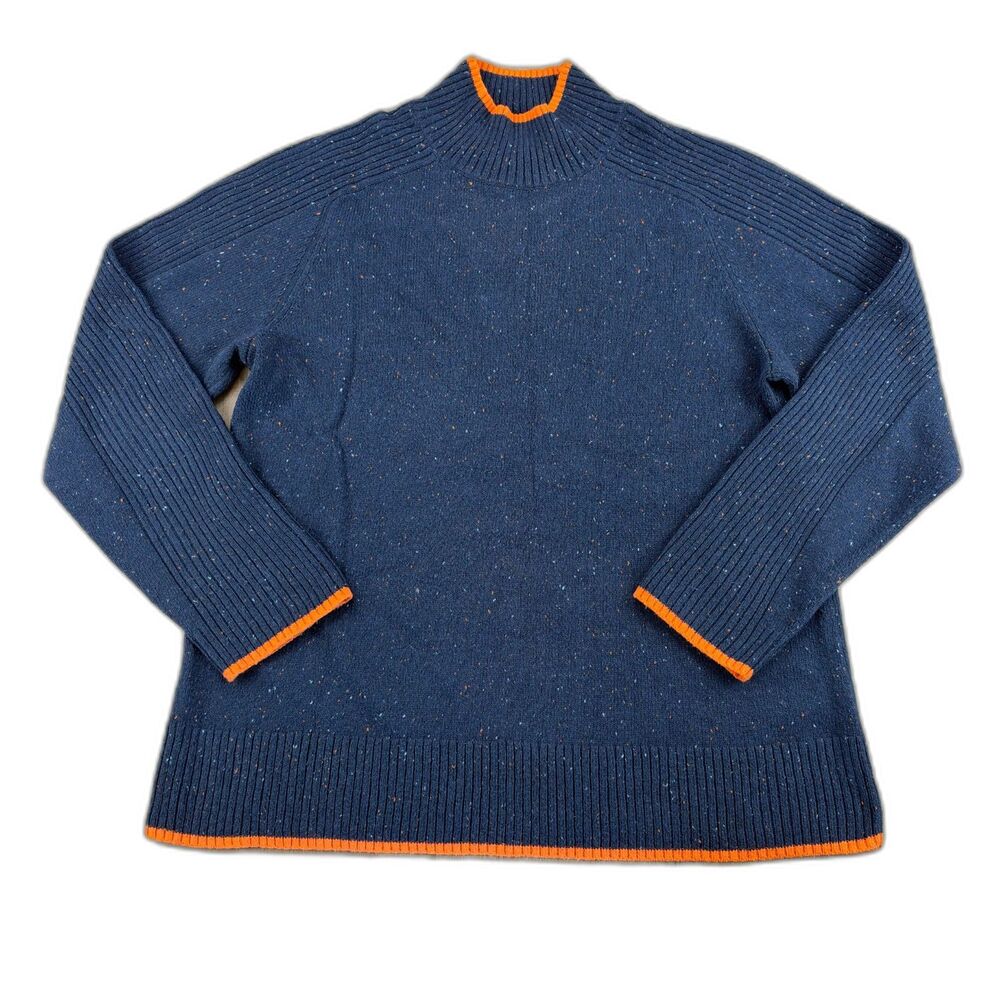 J.Jill Women's Medium Navy Orange Speckled Tweed Chord Cable Knit Mock-Neck Swea